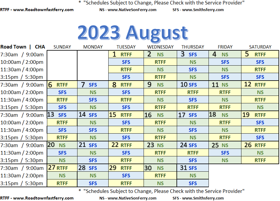 August 2023 Full Ferry Schedule 