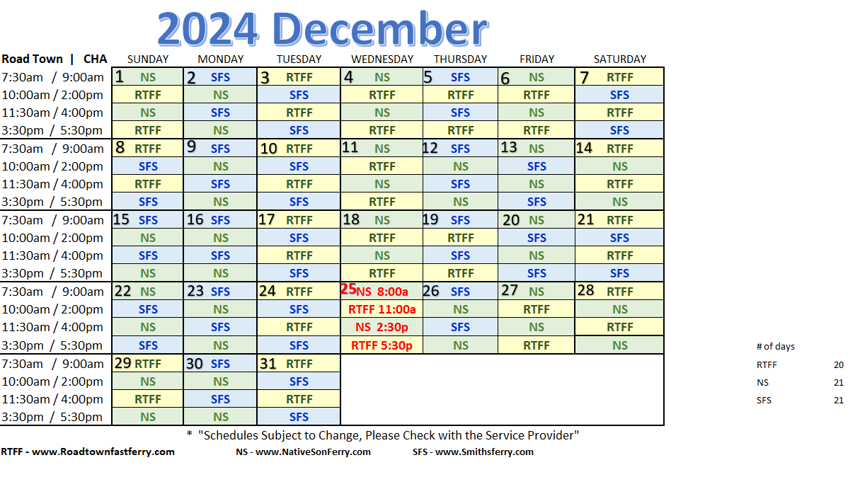 December Ferry Schedule